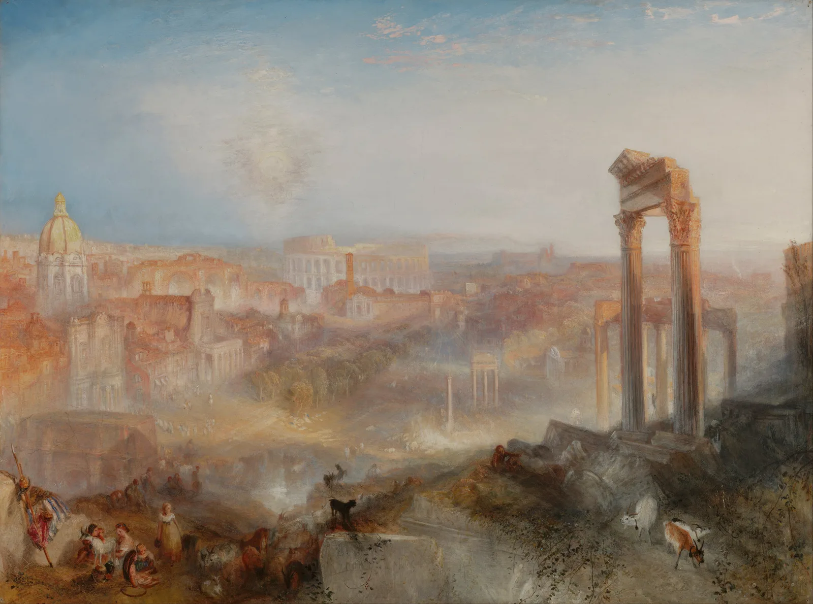 A wide view of the Roman Forum from the Capitoline Hill, with ancient ruins and later buildings seen in warm Italian light and small figures of everyday life in the foreground.