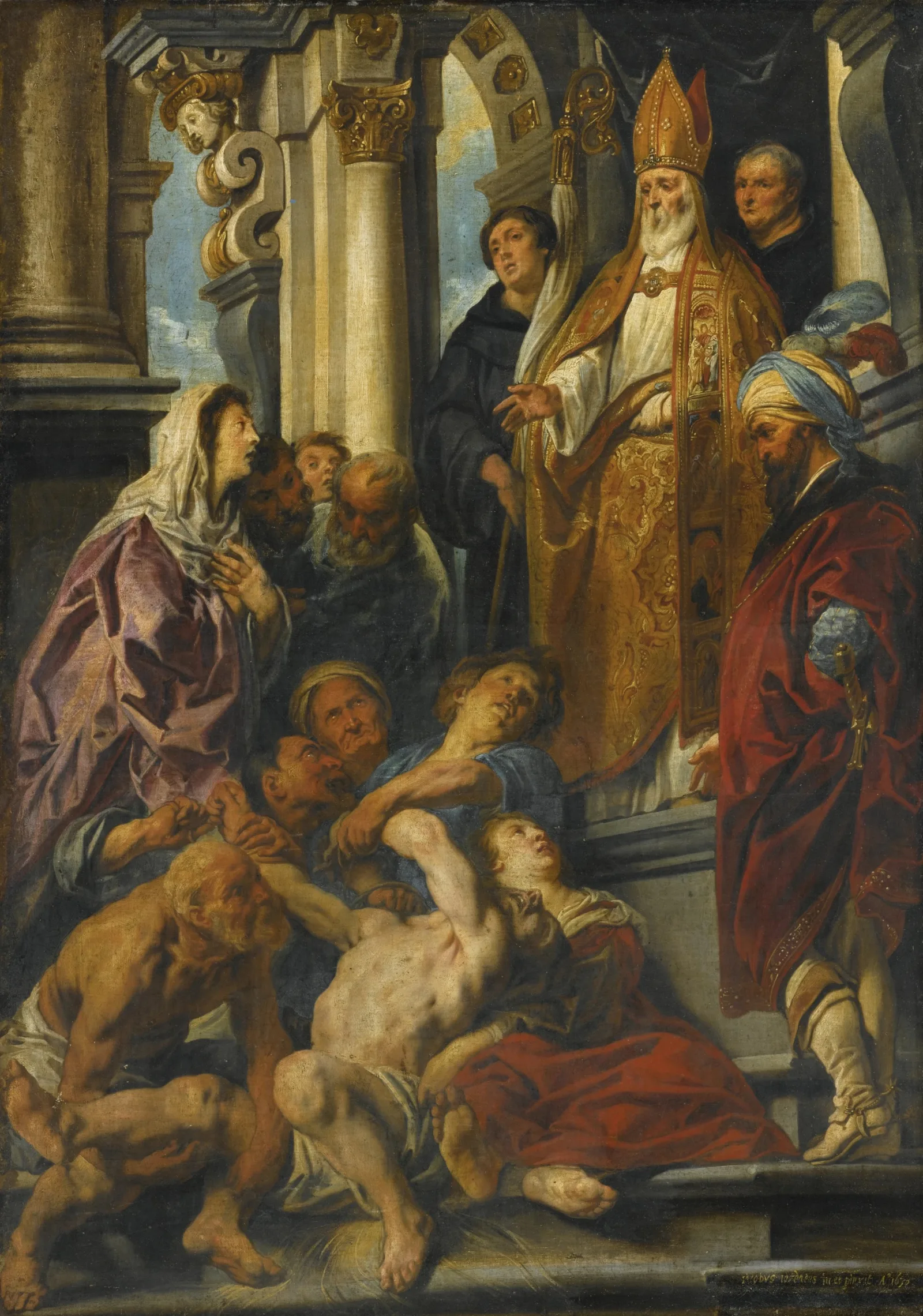 Oil painting by Jacob Jordaens: Saint Martin, raised on a dais between two monks, exorcises a writhing, half-naked man held by four people, while his master watches in red robes and a feathered headdress.