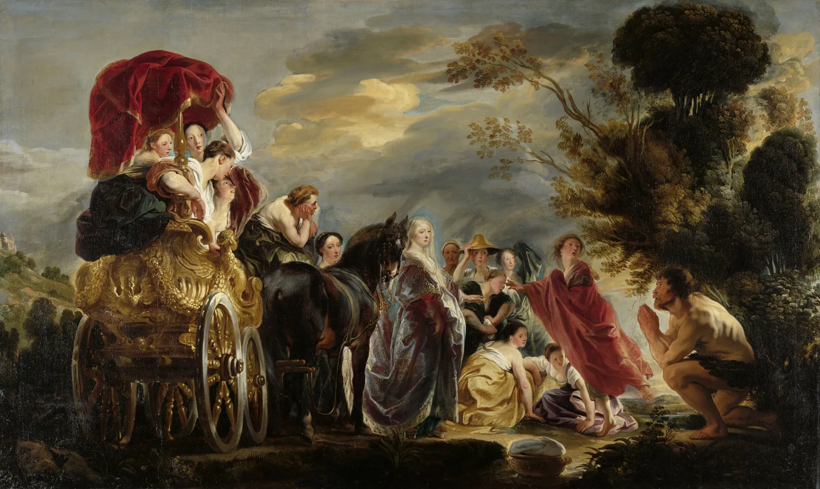 Oil painting by Jacob Jordaens: the nearly naked Odysseus kneels before the richly dressed Nausicaa as a handmaiden flees, a servant wrings out laundry and a gilded carriage waits behind.
