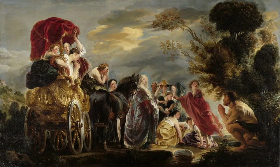 Oil painting by Jacob Jordaens: the nearly naked Odysseus kneels before the richly dressed Nausicaa as a handmaiden flees, a servant wrings out laundry and a gilded carriage waits behind.