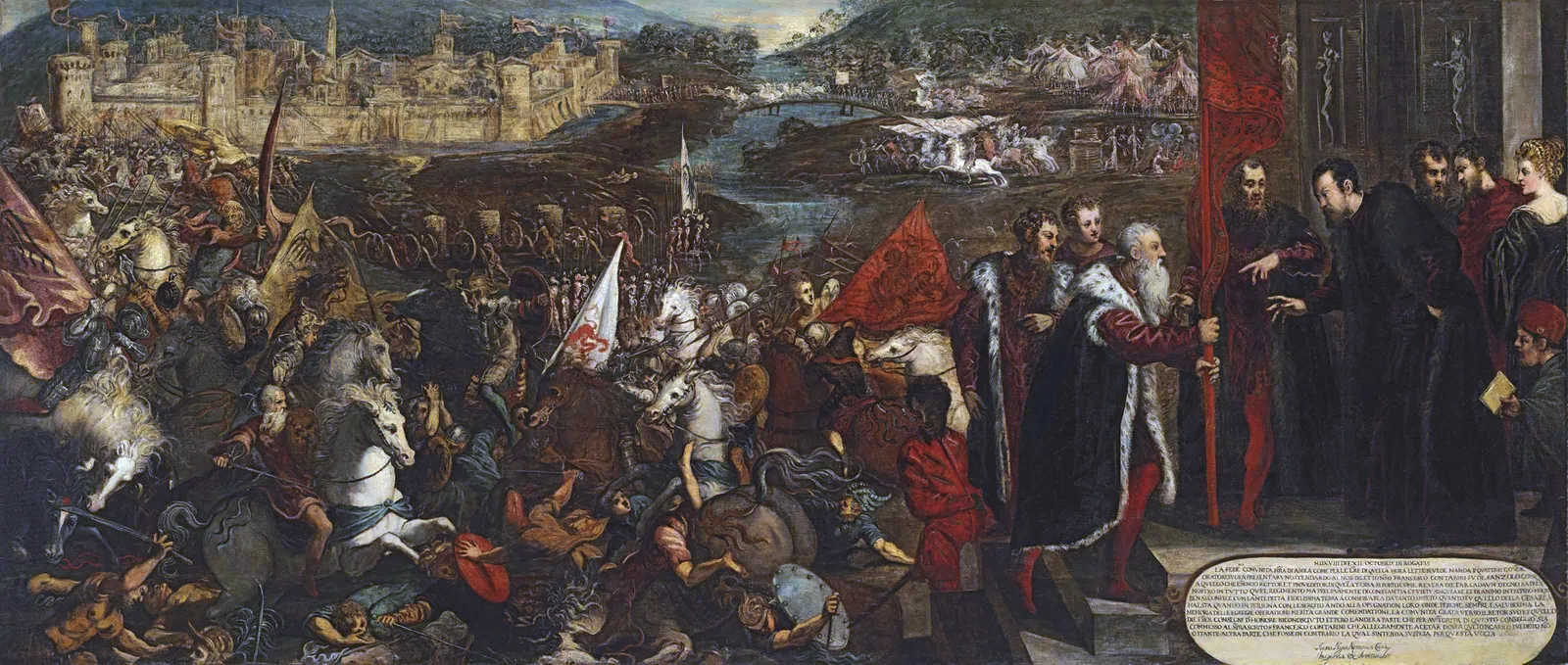 A very wide battle scene in earth colours: cavalry clash and troops charge on the left and in the centre before a fortified town, while on the right Asola's envoys present a standard to the Venetian governor.