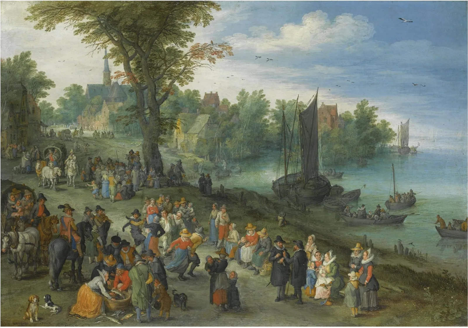 The Edge of a Village with Figures Dancing on the Bank of a River and a Fish-Seller, with a Self-Portrait of the Artist, Jan Brueghel the Elder
