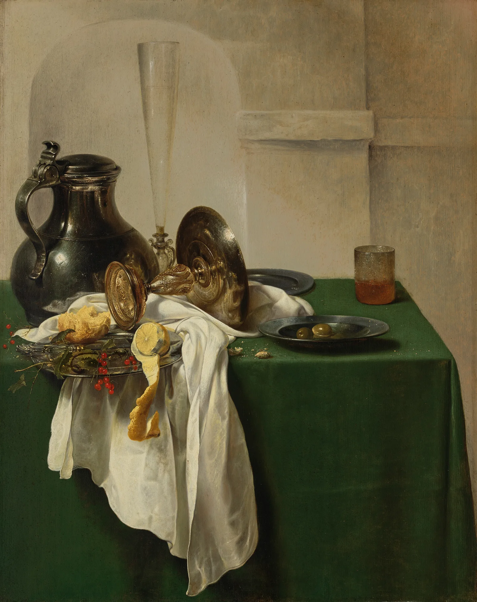 Pewter jug and silver tazza on a table, Jan Jansz. den Uyl