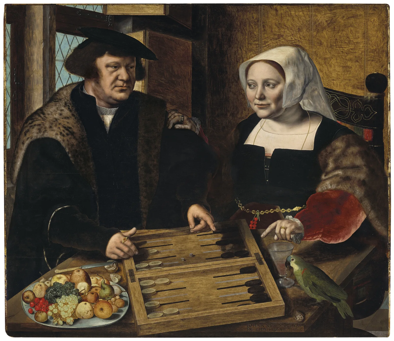 Double portrait of a husband and wife, half-length, seated at a table, playing tables, Jan Sanders van Hemessen