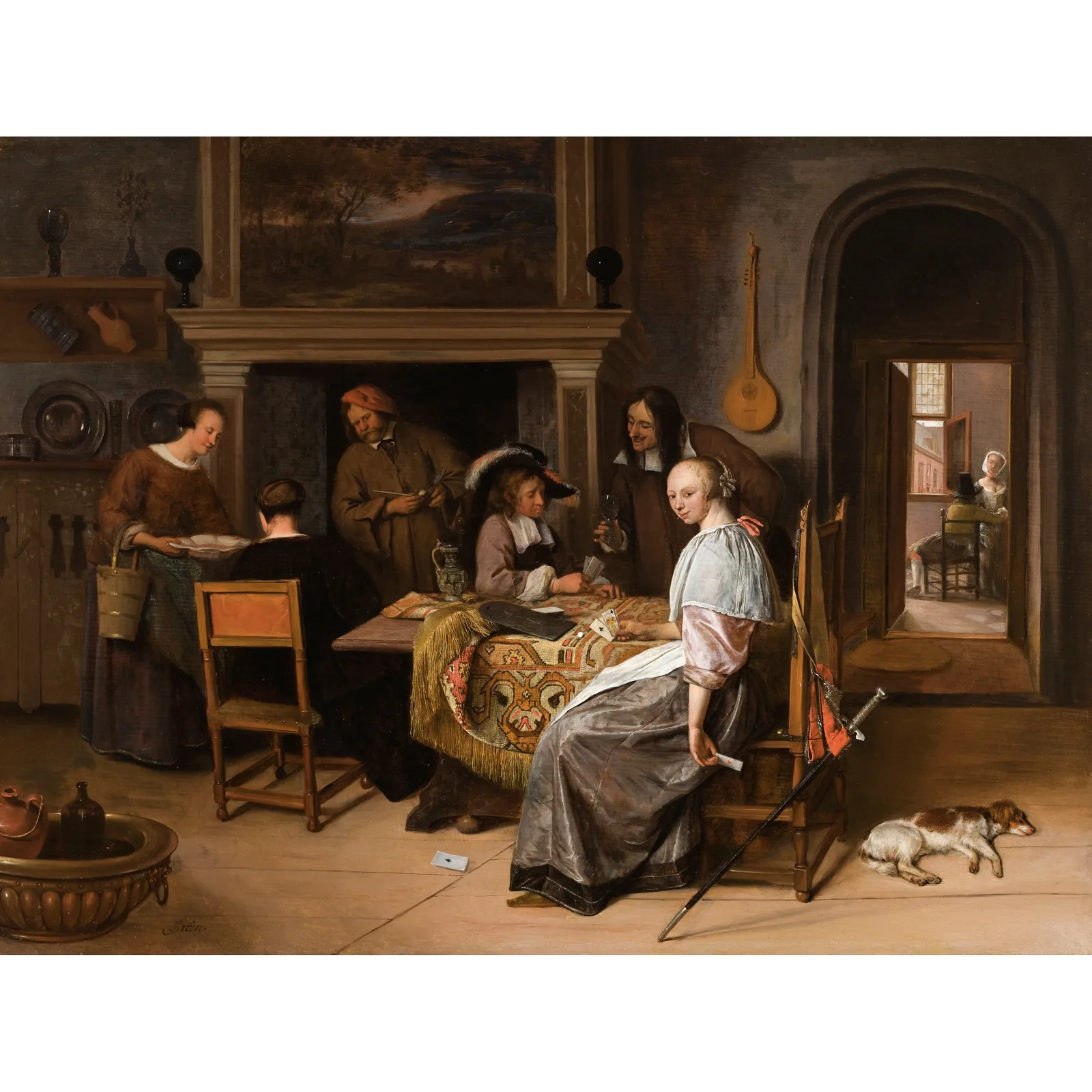 An elegant company in an interior with figures playing cards at a table, Jan Steen