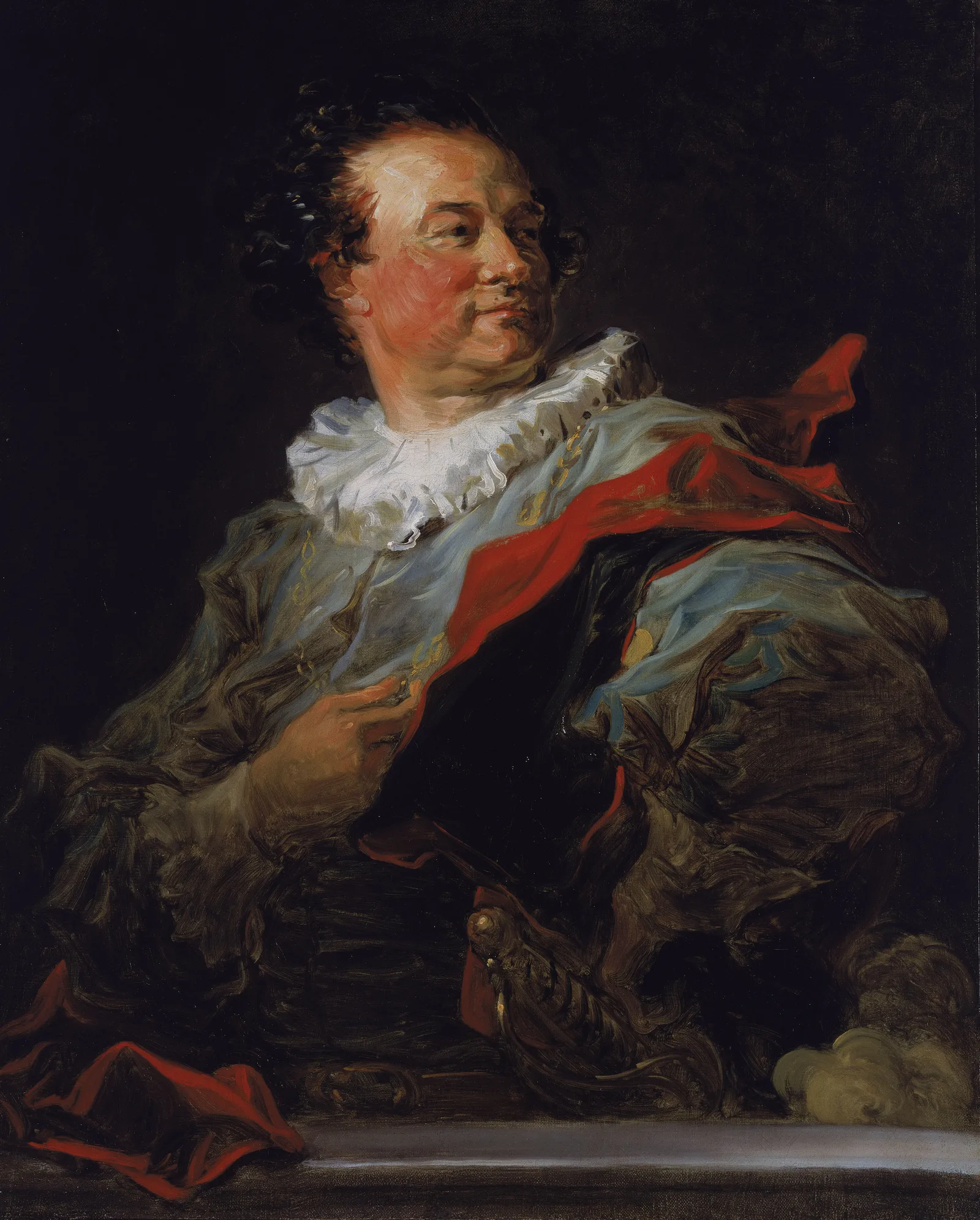 A half-length portrait of a man in eighteenth-century dress, turned and looking back over his shoulder, painted with fast, free brushwork.