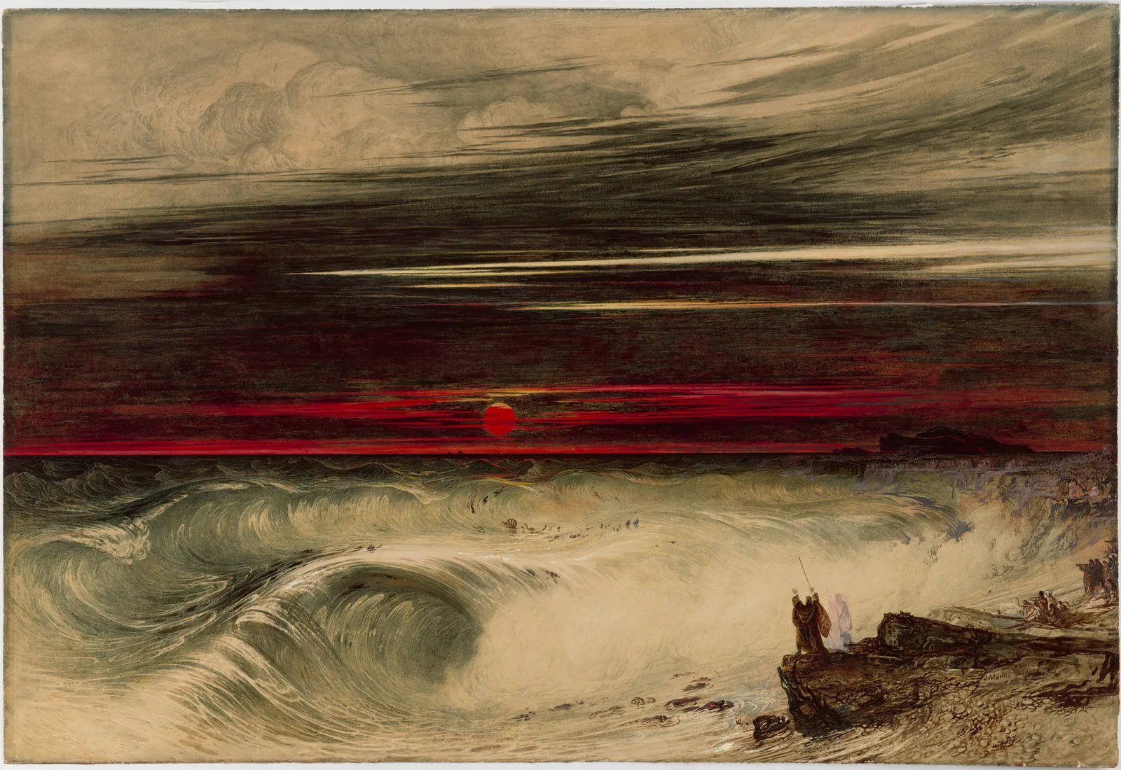 Moses stands on a promontory in the right foreground as vast waves on the left close over Pharaoh's tiny host in the centre, under a blood-red sky with two small pyramids on the horizon.