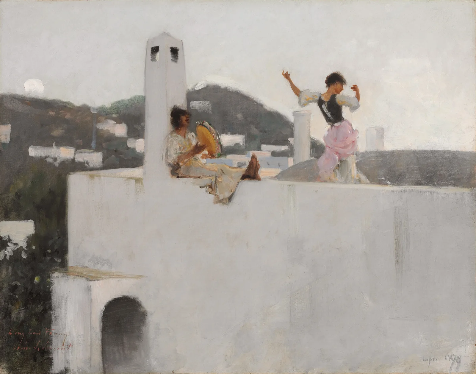 Oil sketch by John Singer Sargent: a woman stands on a Capri rooftop in golden evening light, with long shadows, white buildings and a curved rooftop at the right.