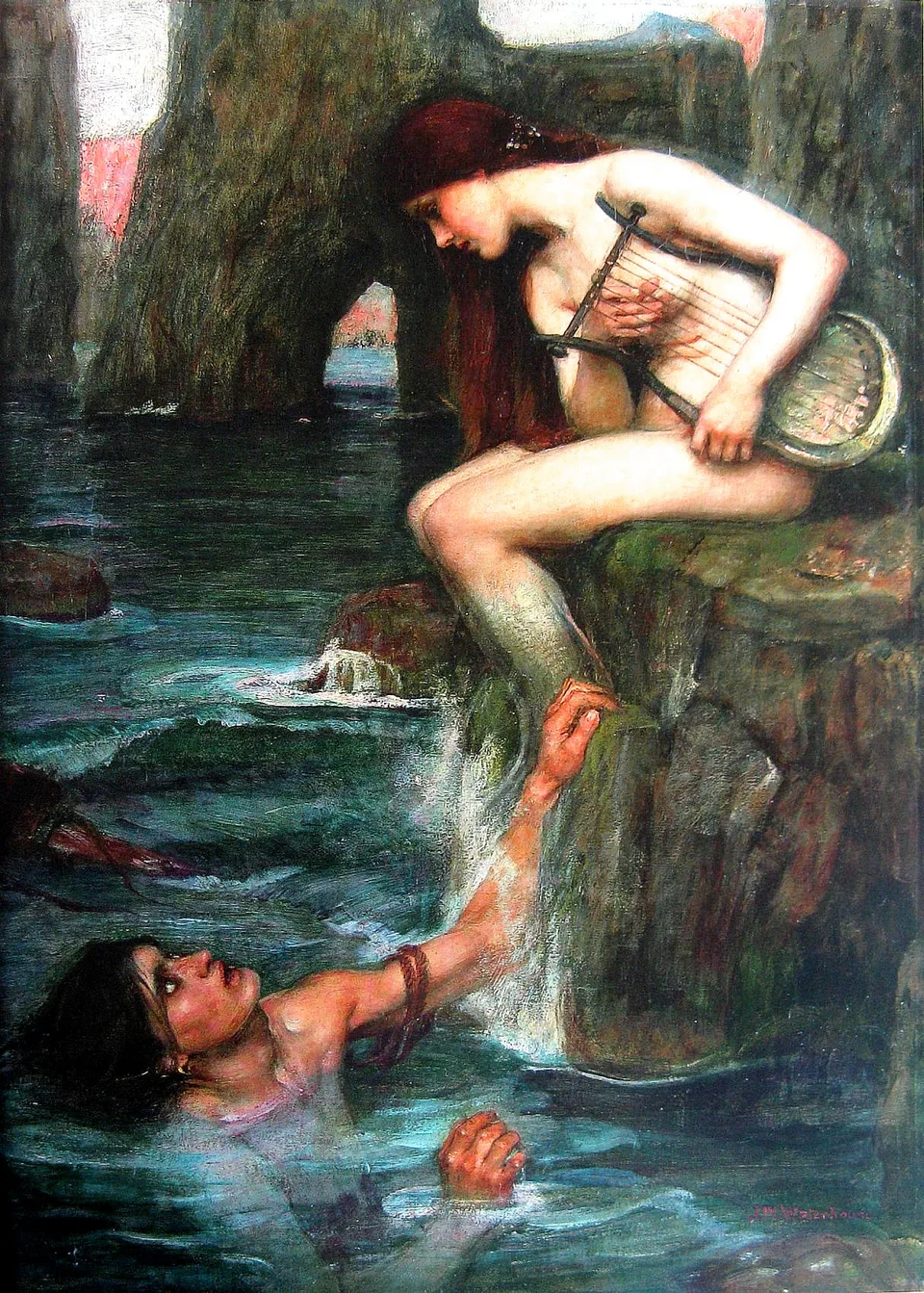 A shipwrecked sailor clings to a rock with one hand while a woman with long auburn hair sits above him, her legs turning to fish scales and fins in the sea spray; she holds a lyre made from an abalone shell.