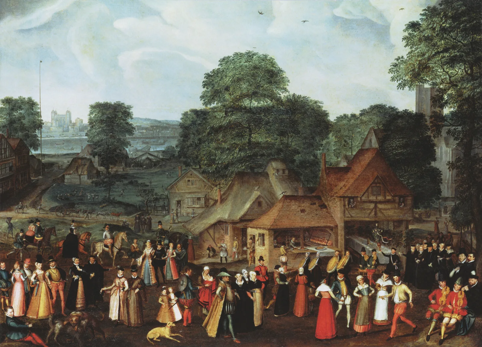 A village festival with elegantly dressed figures in procession, a river and tower beyond, Joris Hoefnagel