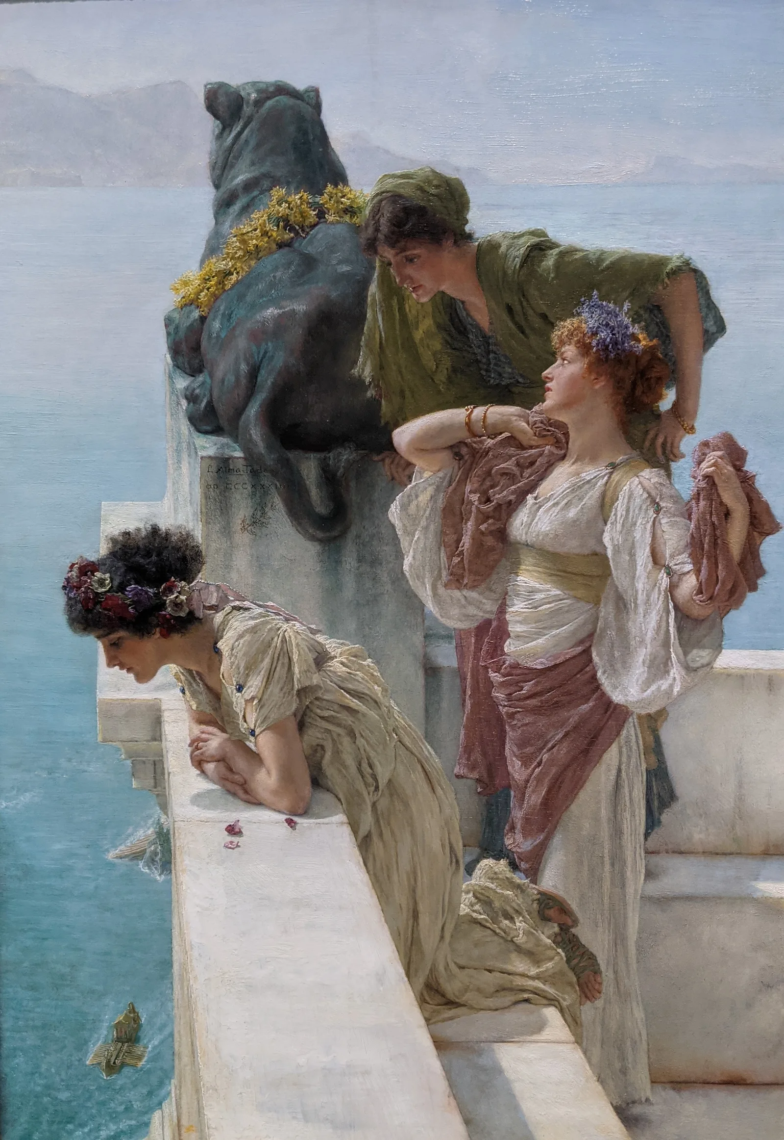 Oil painting by Lawrence Alma-Tadema, 1895, of three young women and a bronze sphinx on a marble terrace above the Bay of Naples, with a many-oared vessel in the harbour below.