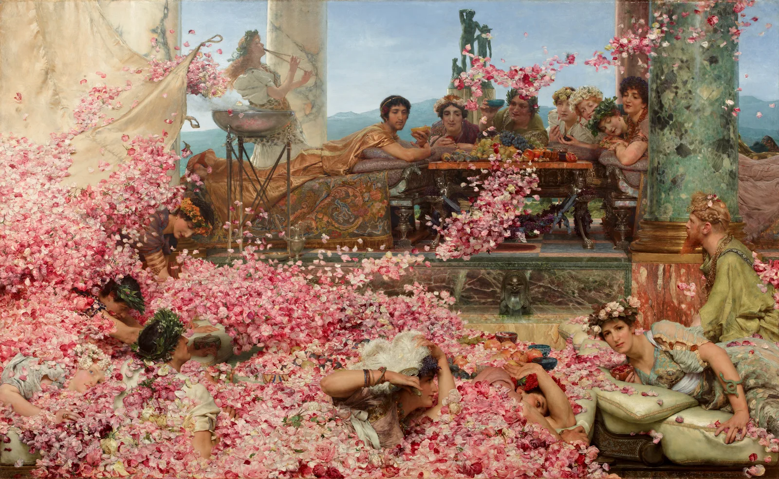 A Roman banquet in which rose petals fall from a loosened canopy over the guests, with the Emperor reclining at the upper table among the flowers.