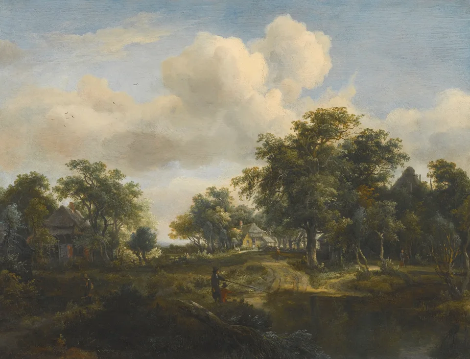 A hamlet in a woodland glade of oaks, Meindert Hobbema
