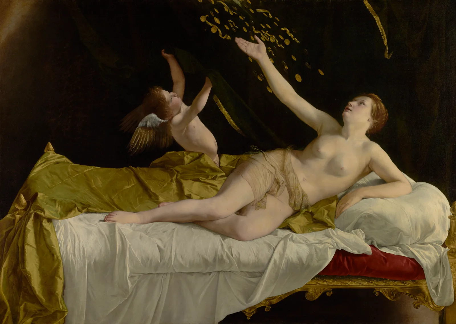 A nude young woman reclines on a bed of white and gold sheets and reaches up toward a shower of gold coins, while Cupid draws back a dark green curtain.