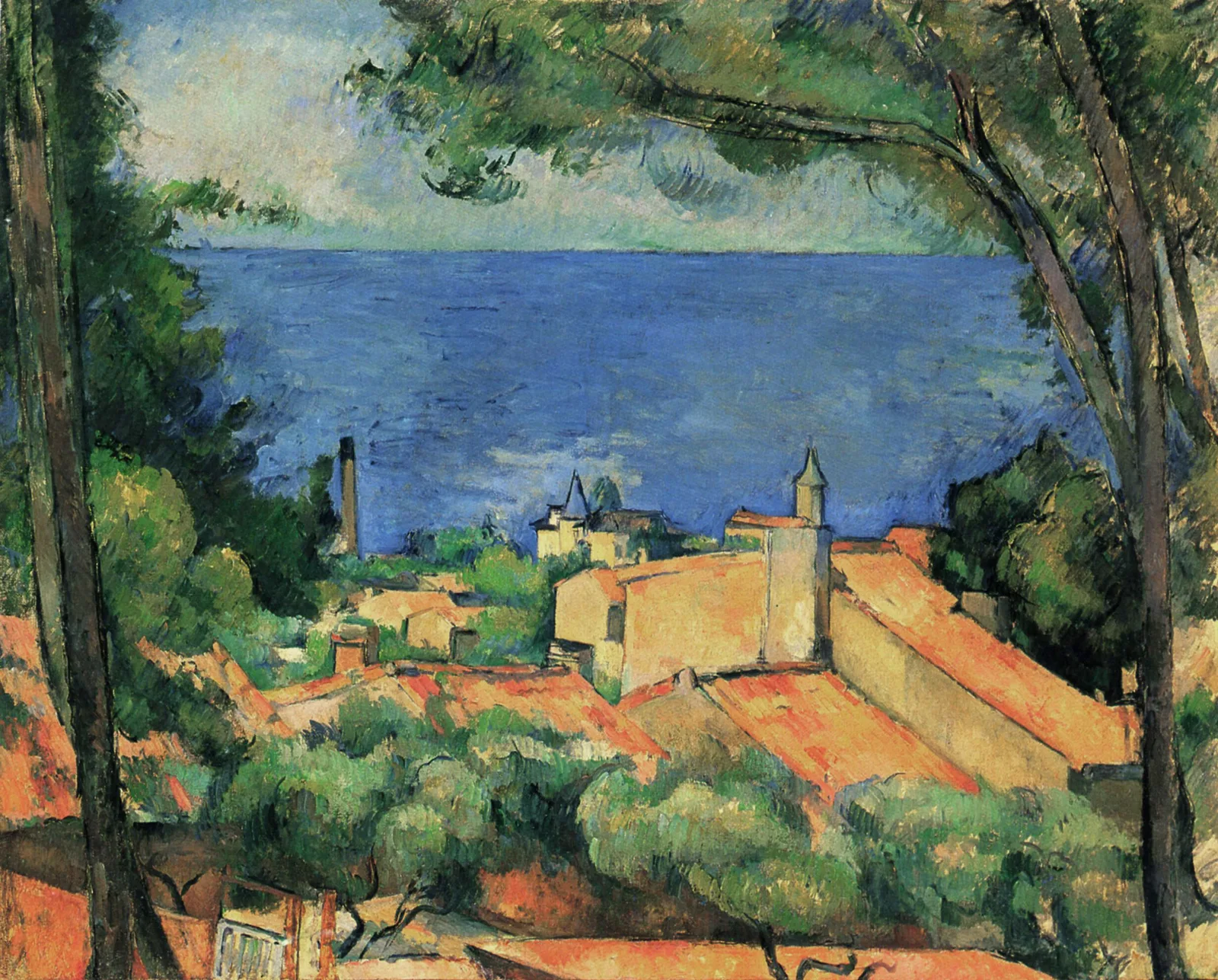 A Mediterranean seaside view in oil paint: red-orange roofs and ochre houses step down a hillside toward a blue bay, with a pine tree at each side and a band of sky above a high horizon.