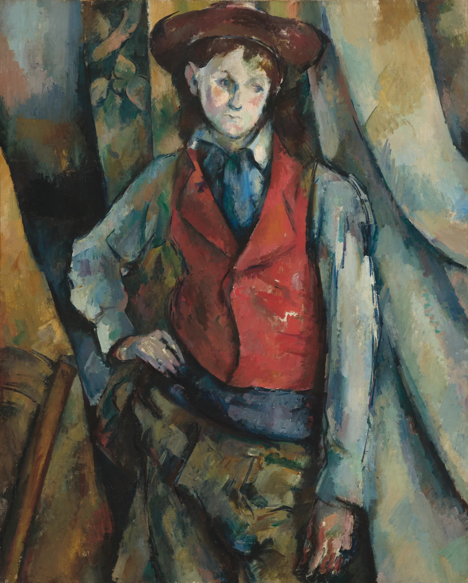 Painting of a boy seen from the thighs up in a crimson waistcoat, one hand on his hip, in front of drapery painted in patches of blue, green and yellow.