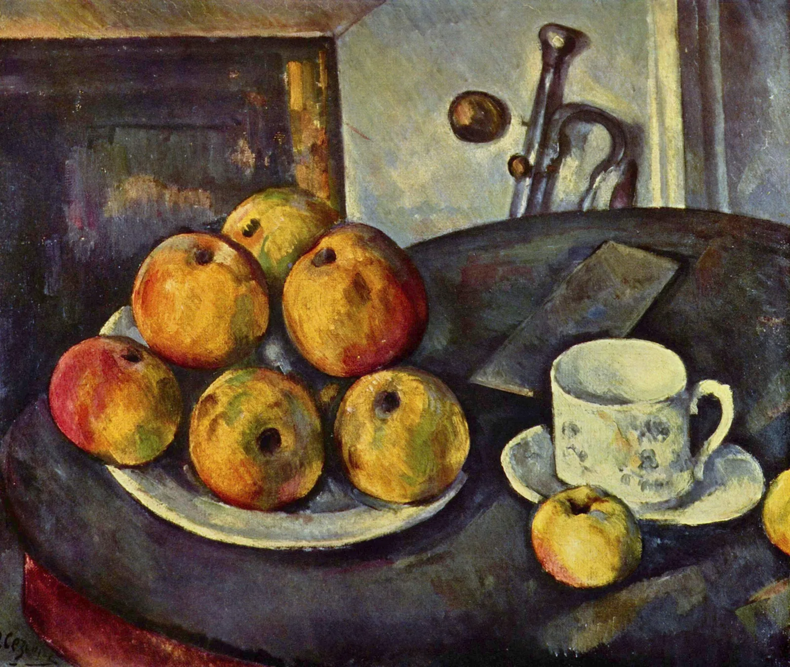 A still life of a plate of large apples and a cup on a table.