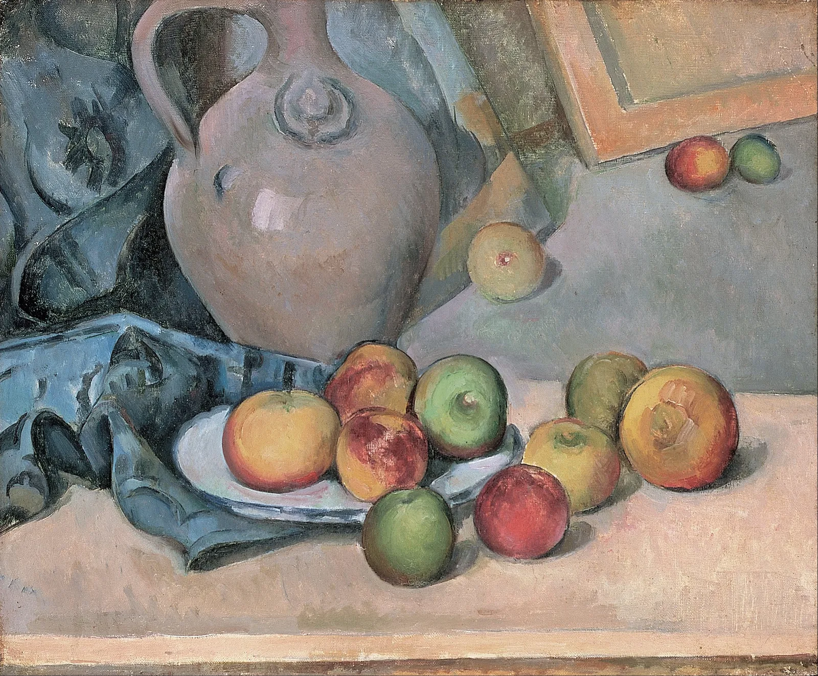 Still life oil painting by Paul Cézanne centred on a stoneware jug.