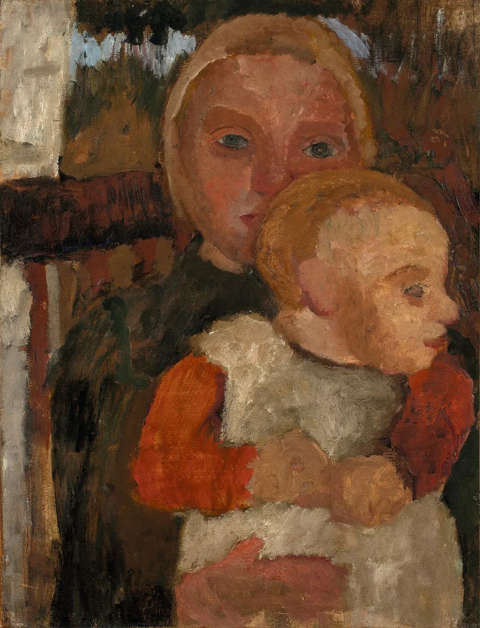 Auf einem Stuhl sitzendes Mädchen mit Kind auf dem Schoß vor Landschaft, Paula Modersohn-Becker