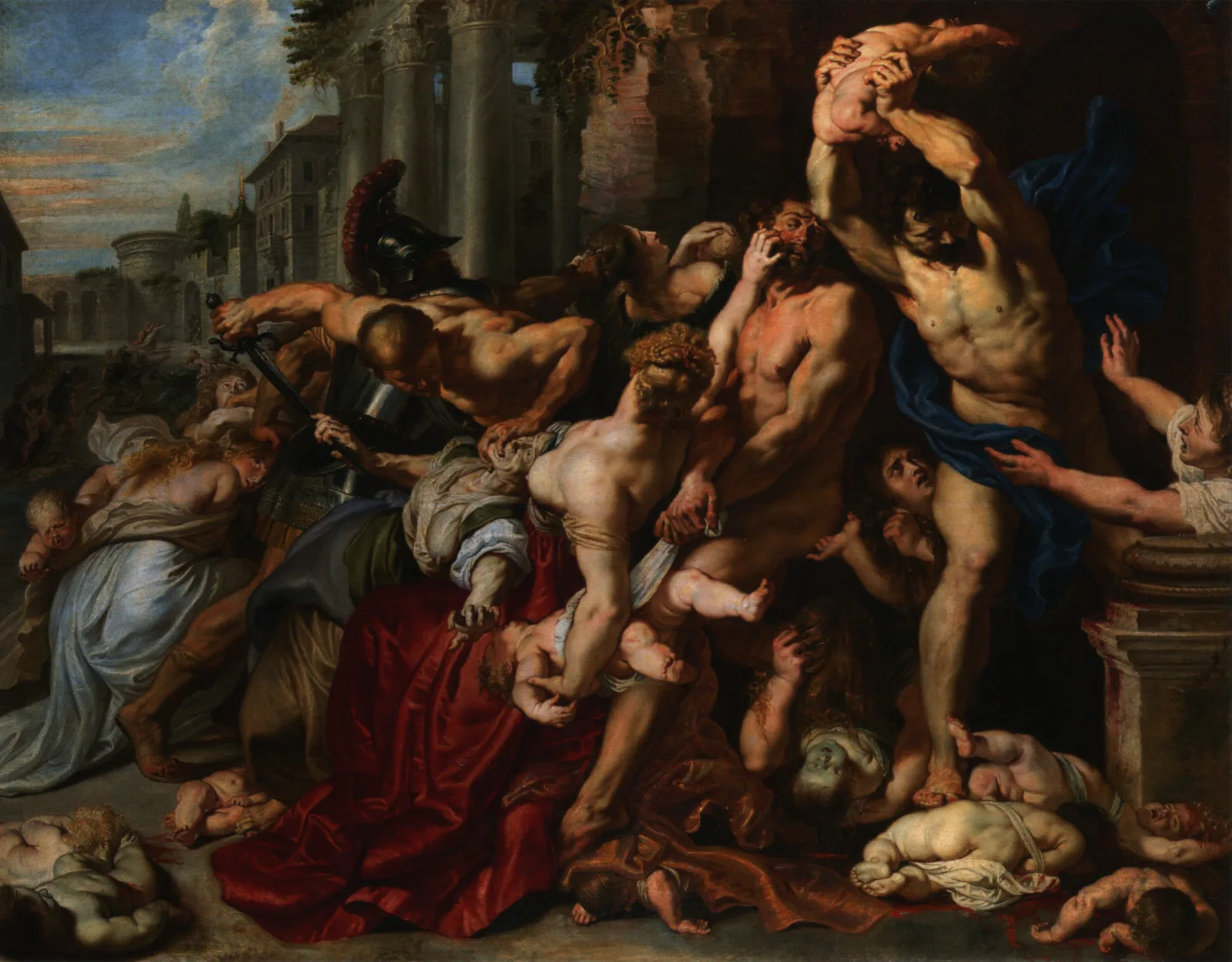 A crowded, swirling scene in which soldiers, many of them nude, attack mothers and infants before a classical architectural background. Small bodies lie on the ground.