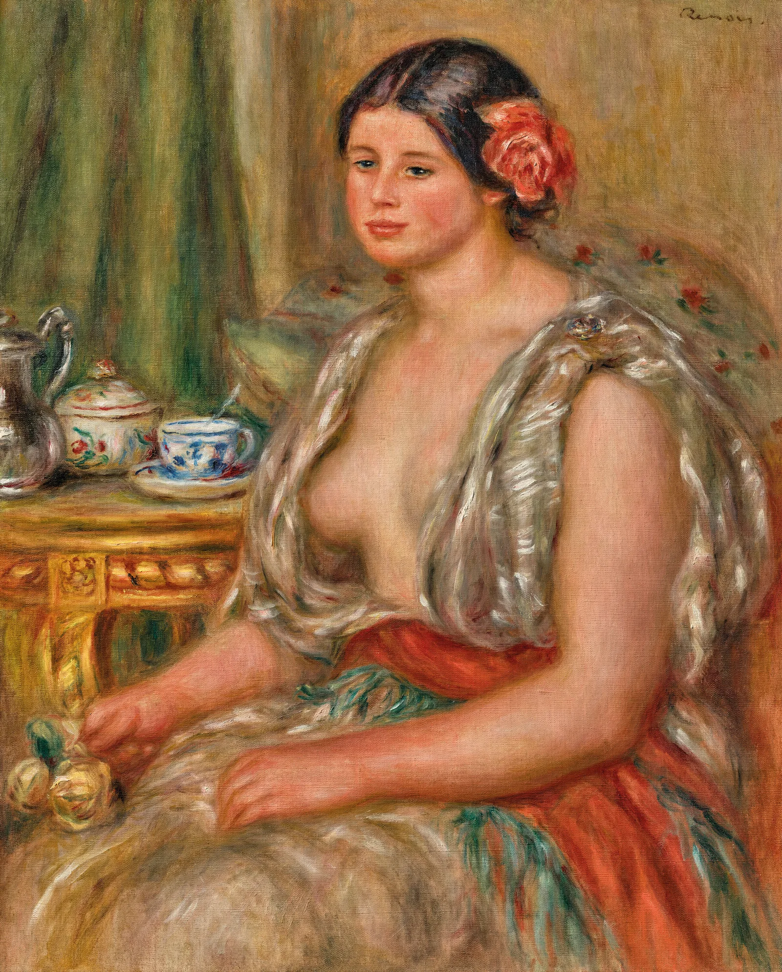 Jeune femme en costume oriental devant une table à thé, Pierre-Auguste Renoir