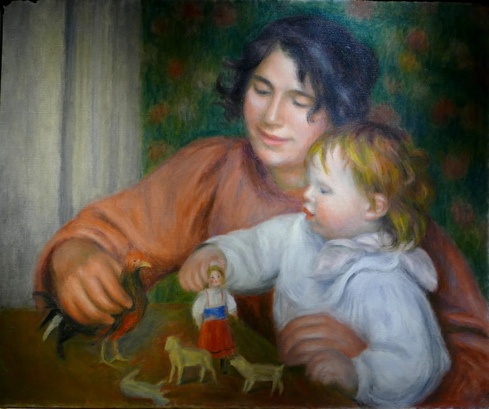 Oil painting by Renoir of a young boy playing with toy figures in the lap of his nursemaid.