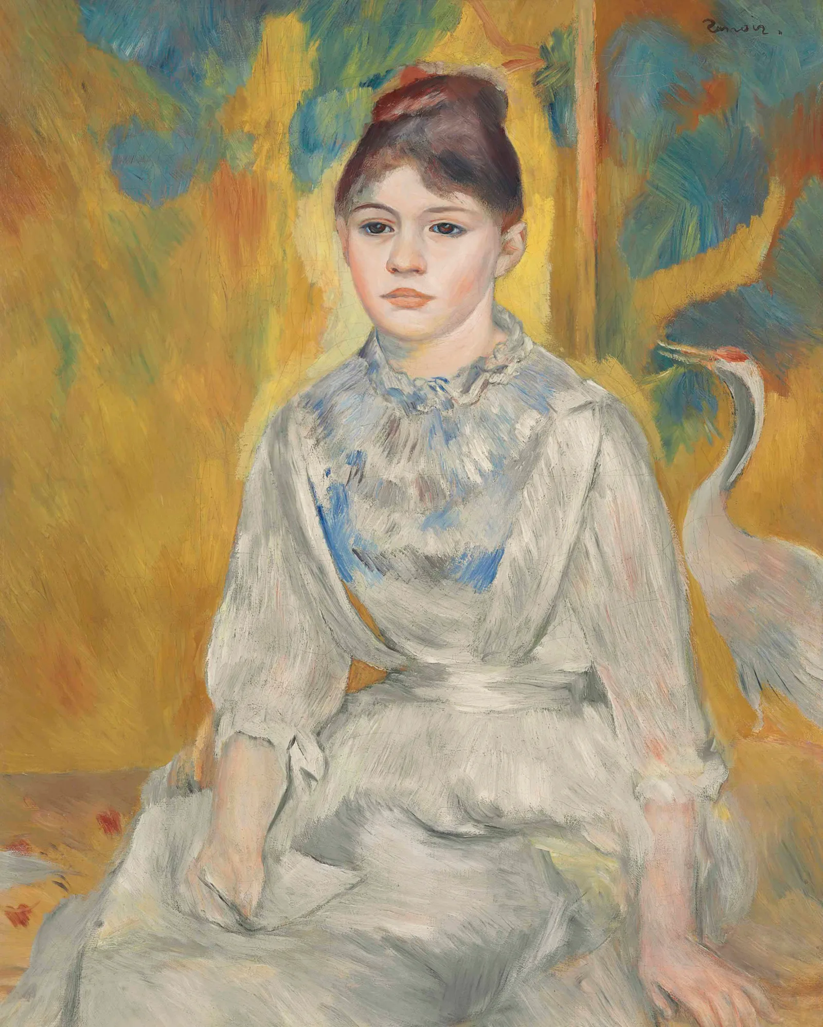 A young girl with chestnut hair, dressed entirely in white, sits forward on a low divan with a letter in her lap, in front of a golden decorated screen on which a crane or heron is just visible at the right edge.