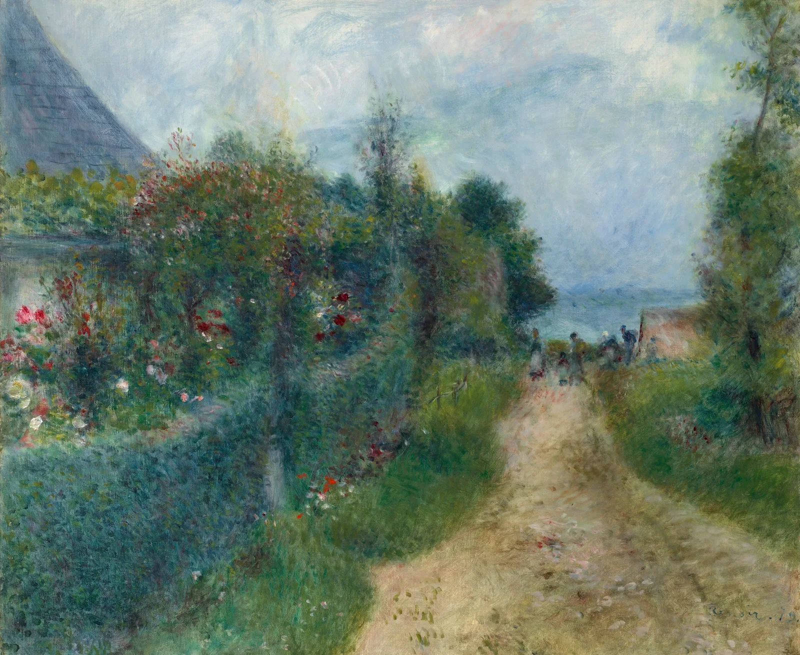 Oil painting of a winding stony road with women and children walking between seaside cottages, a flower garden on the left and the sea behind.