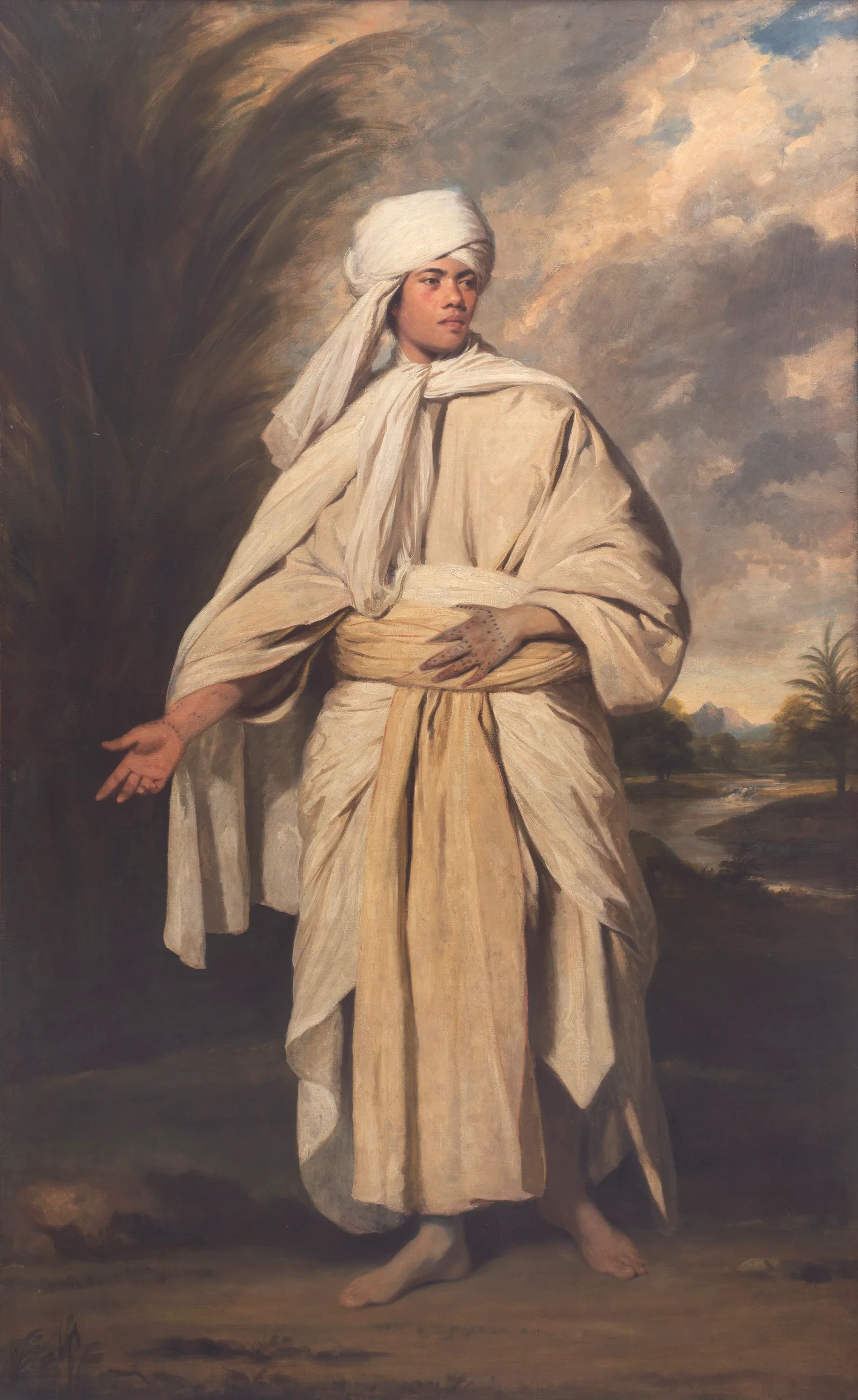 Full-length oil portrait of Omai by Sir Joshua Reynolds, painted around 1776, on a large canvas.