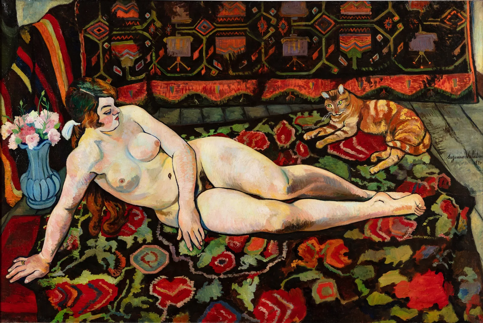 Nu au chat allongé sur une draperie à fleurs, Suzanne Valadon