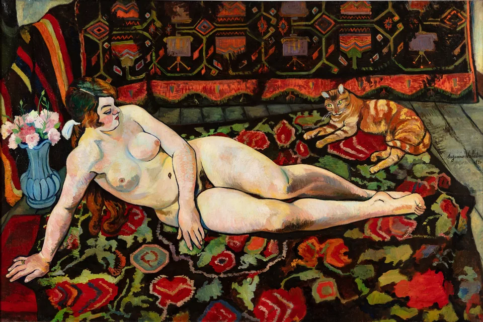 Nu au chat allongé sur une draperie à fleurs, Suzanne Valadon