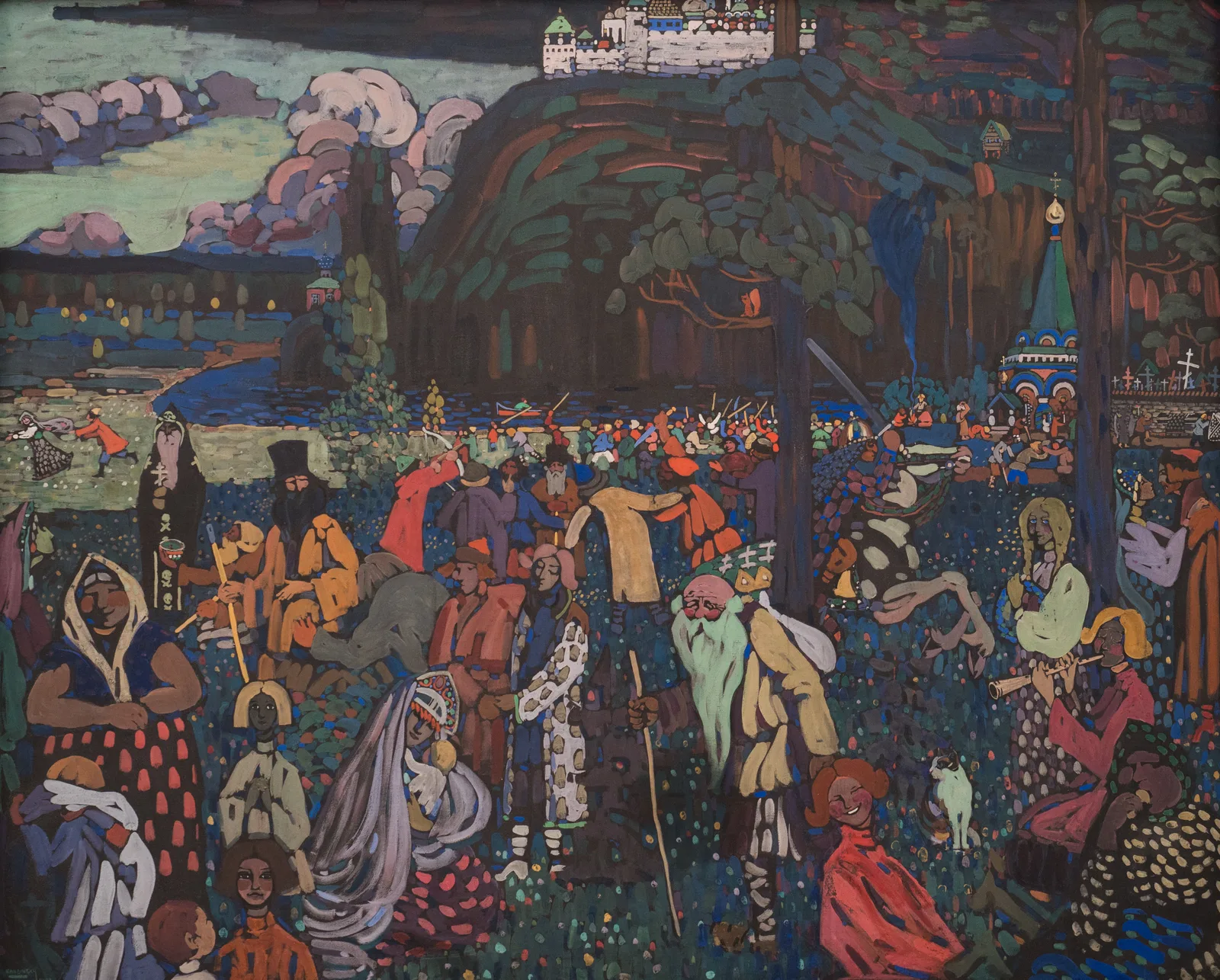 A panoramic, brightly coloured landscape teeming with figures in vividly patterned clothing, painted in tempera and gouache in an acid palette.