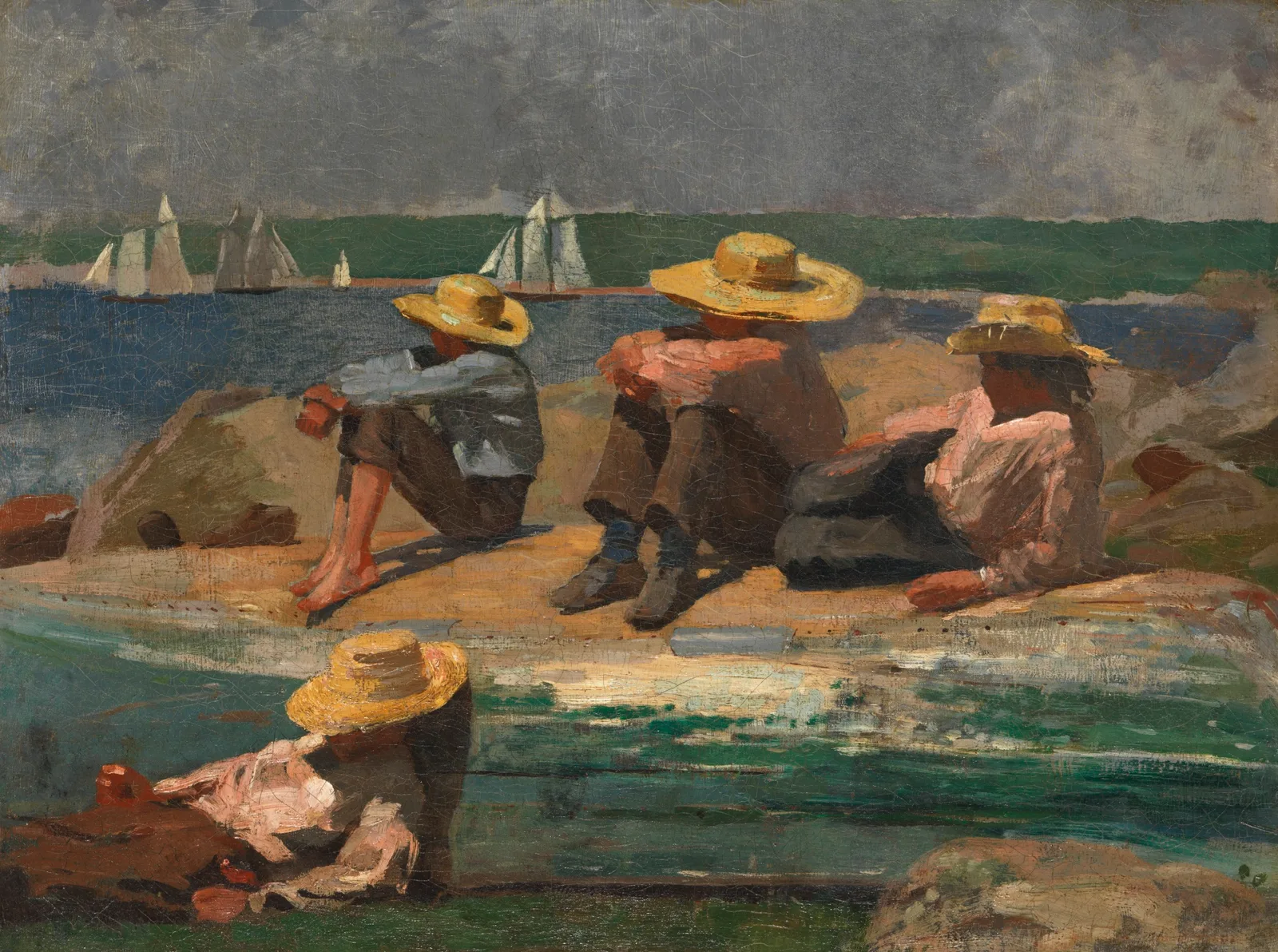 Oil painting by Winslow Homer: boys sit on an overturned dory on a beach and look at sailboats in the harbour, with coastal hills behind and a rocky outcrop beside the boat.