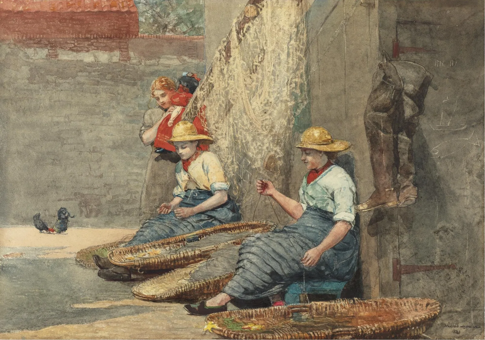 Watercolour by Winslow Homer: two young women in blue skirts and red kerchiefs work in a sunlit courtyard while a girl with a doll watches from a staircase draped with fishing nets.