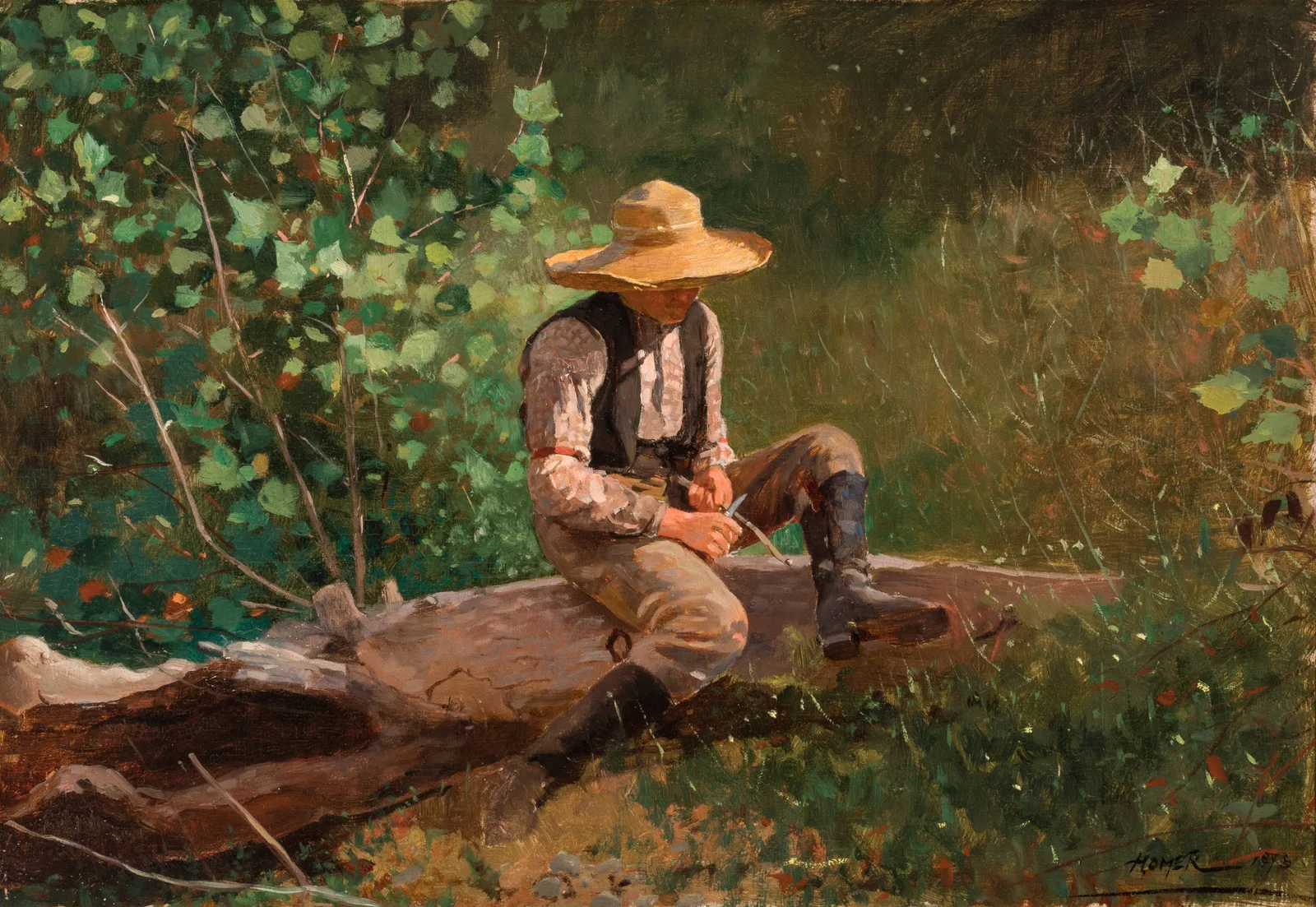 Oil painting by Winslow Homer: a boy in a broad-brimmed straw hat sits on a log in a sun-dappled wooded clearing, paring a stick with a knife.