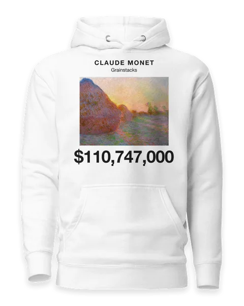 Grainstacks by Claude Monet, on a white hoodie